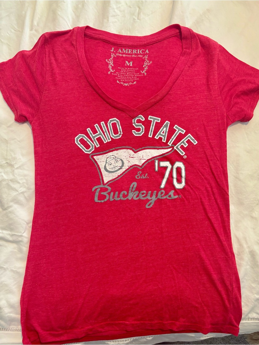 J. America Women's Ohio State Buckeyes Heather Red V-Neck Tee